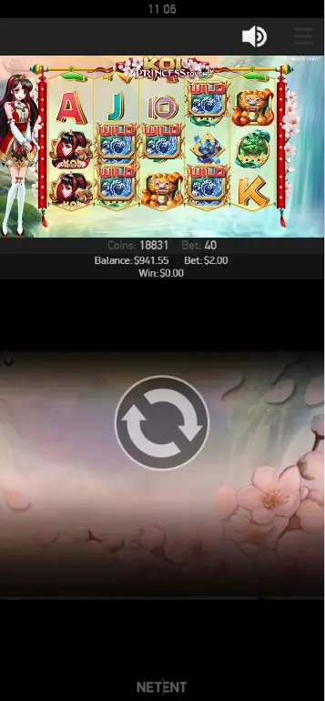 Koi Princess base game full grid with Princess and lion premium symbols against Japanese backdrop