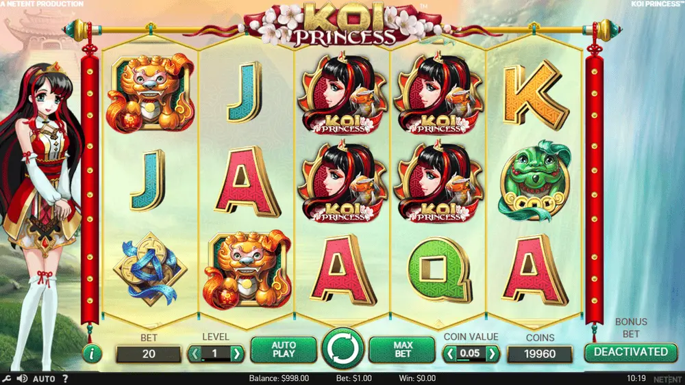 Koi Princess base game full grid showing Princess, lion and premium symbols against Japanese water backdrop