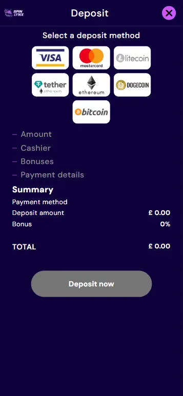 GBP deposit screen at UK casino for Koi Princess play