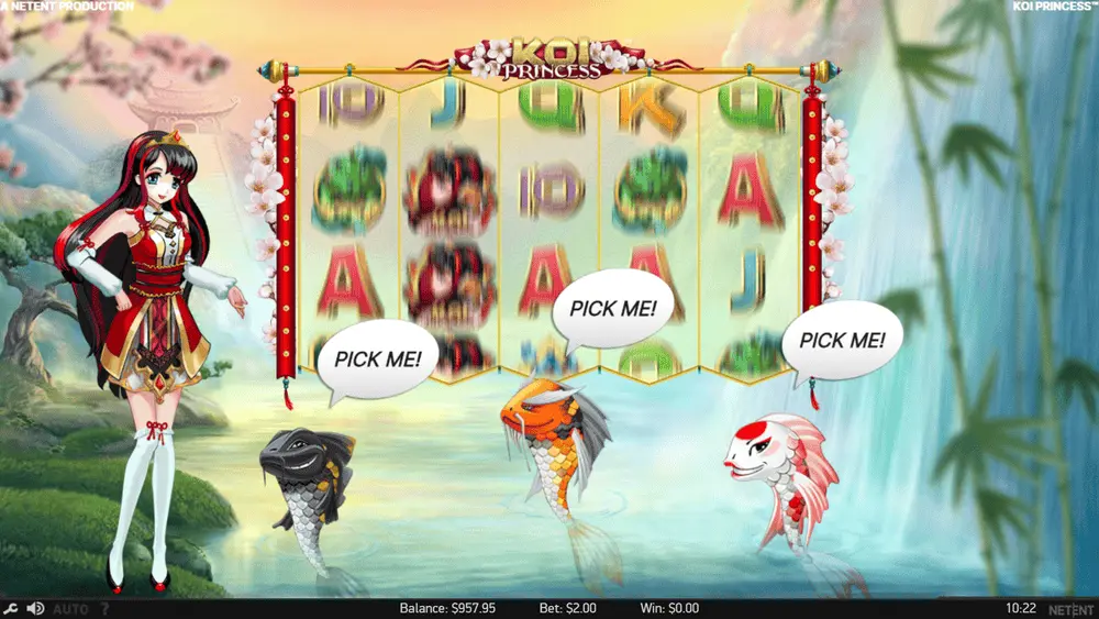 Koi Princess random fish pick screen showing three sealed options to choose from