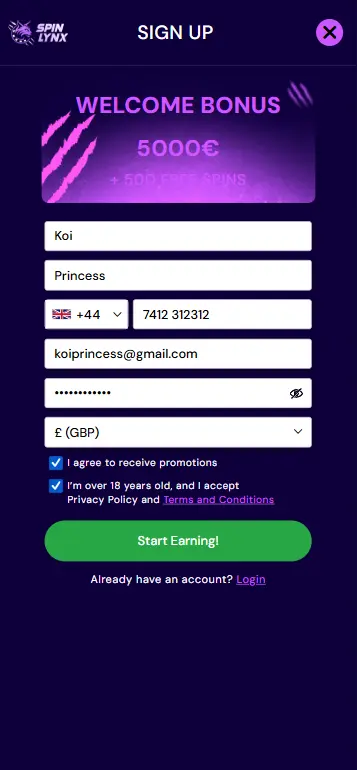Casino account registration form for playing Koi Princess real money