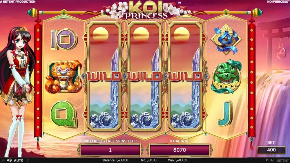 Koi Princess wild reels free spins showing multiple full wild reels across the grid